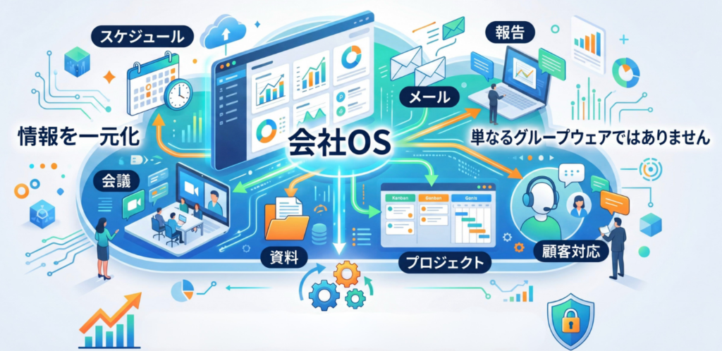 【メインテキスト】
会社OS
情報を一元化
単なるグループウェアではありません
【各機能ラベル】
スケジュール
報告
メール
顧客対応
プロジェクト
資料
会議